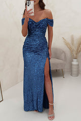 Wieczorowa sukienka maxi z cekinami i marszczonymi ramionami Diamond World