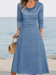 💝Sukienka w jednolitym kolorze, z okrągłym dekoltem i kieszeniami na guziki