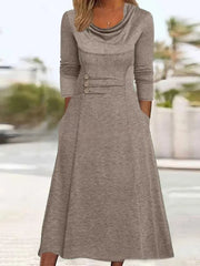 💝Sukienka w jednolitym kolorze, z okrągłym dekoltem i kieszeniami na guziki