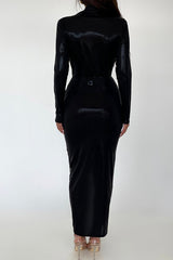 Powlekana spódnica z dekoltem w kształcie litery V przylegająca do bioder seksowna plisowana skórzana sukienka z długimi rękawam