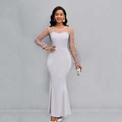 ✨Kropkowa sukienka maxi z kontrastowym siateczką i latarnią, okrągłym dekoltem, na przyjęcie o kroju syreny