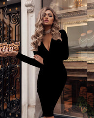 💗Modna sukienka damska z głębokim dekoltem w kształcie litery V, marszczona, z długim rękawem