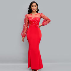 ✨Kropkowa sukienka maxi z kontrastowym siateczką i latarnią, okrągłym dekoltem, na przyjęcie o kroju syreny