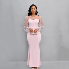 ✨Kropkowa sukienka maxi z kontrastowym siateczką i latarnią, okrągłym dekoltem, na przyjęcie o kroju syreny