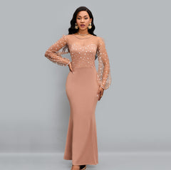 ✨Kropkowa sukienka maxi z kontrastowym siateczką i latarnią, okrągłym dekoltem, na przyjęcie o kroju syreny