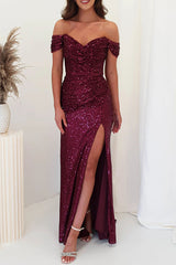 Wieczorowa sukienka maxi z cekinami i marszczonymi ramionami Diamond World