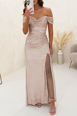 Wieczorowa sukienka maxi z cekinami i marszczonymi ramionami Diamond World