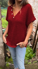 Top z dzianiny bawełnianej i lnianej z dekoltem w kształcie litery V