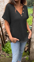 Top z dzianiny bawełnianej i lnianej z dekoltem w kształcie litery V