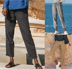 Luźne spodnie z bawełny i lnu, ściągane sznurkiem