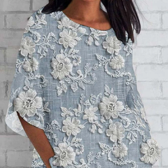 Luźny top z 3/4 rękawami i nadrukiem kwiatowym 3D