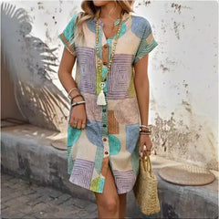 Sukienka damska z nadrukiem guzików i dekoltem w serek