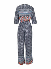 Damski kombinezon w stylu Vintage boho w kwiatowy wzór-V dekolt długie rękawy z kieszeniami