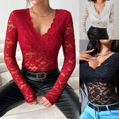 ✨Eleganckie Damskie Przezroczyste Koronki V-Neck Tee. Długi Rękaw, Slim Fit, Modne Casual Wear