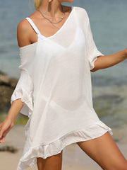 Wiązana, marszczona sukienka plażowa z pół rękawami