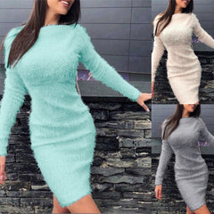 Nowa jesienna i zimowa pluszowa sukienka z długimi rękawami i talią 2024