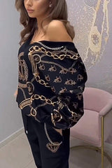 Damski top ze wzorzystymi kryształkami i dopasowane spodnie – dwuczęściowy zestaw