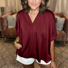 Klasyczna koszula z satyny jedwabnej z dekoltem w kształcie litery V (kup 3 bezpłatną wysyłkę)