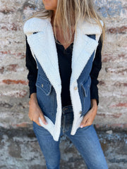 Jednoczęściowa dżinsowa kamizelka z klapami i kieszeniami na motocykl ze sztucznego futra na jesień i zimę