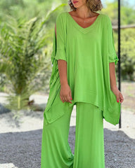 🎀💕Luźny, swobodny, dwuczęściowy garnitur z dekoltem w serek i szerokimi nogawkami