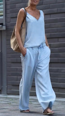 Damski swobodny garnitur z dekoltem w serek i bez rękawów z denimu Tencel