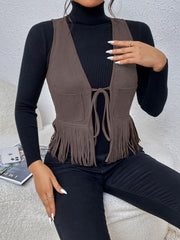 Jednolita kolorowa kamizelka z frędzlami, elegancka, modna kamizelka bez rękawów