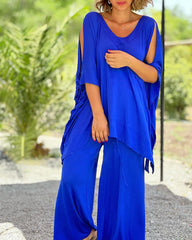 🎀💕Luźny, swobodny, dwuczęściowy garnitur z dekoltem w serek i szerokimi nogawkami