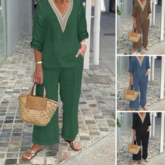 [S-3XL]✨Damski top z dekoltem w serek i szerokimi nogawkami