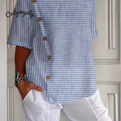 Mâneci scurte casual cu nasturi în dungi