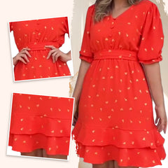 Sukienki damskie z nadrukiem w serek, krótkim rękawem i guzikami w talii