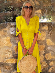 Sukienka z bawełny i lnu z głębokim dekoltem w serek