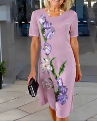 Sukienka swobodna z okrągłym dekoltem i nadrukiem kwiatowym