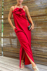 Sukienka maxi z mieszanki lnu, gotowa na wakacje, zdobiona kwiatami, z kieszeniami i rozcięciem