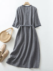 Sukienka damska literacka retro z dekoltem w serek w kratę i wiązaniem na połowie rękawa z bawełny i lnu