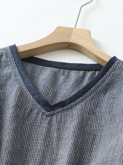 Sukienka damska literacka retro z dekoltem w serek w kratę i wiązaniem na połowie rękawa z bawełny i lnu