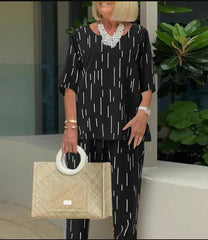 💥🔥[Top + Spodnie]2025, wiosna i lato, nowa moda, okrągły dekolt, rękaw pięć czwartych, luźny dwucz