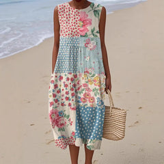 Sukienka damska bez rękawów z nadrukiem i okrągłym dekoltem, wykonana z bawełny i lnu