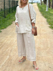 Dwuczęściowy garnitur z bawełny i lnu z okrągłym dekoltem