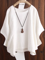 Koszule i topy lniane z okrągłym dekoltem i krótkim rękawem