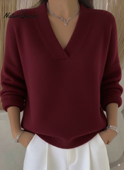 Damski sweter w jednolitym kolorze z dekoltem w serek