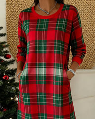 Sukienka bluzowa w kratę z długim rękawem