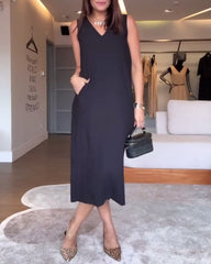 Sukienka casualowa z dekoltem w serek, bez rękawów, w jednolitym kolorze, z rozcięciem