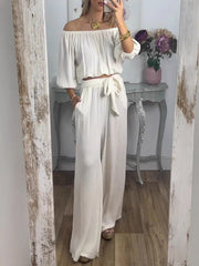 Damski top z marszczeniami i sznurowane spodnie zestaw