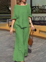 Damski top z okrągłym dekoltem i spodniami z wysokim stanem, lniany garnitur