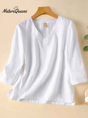 Koszula damska z dekoltem w serek z bawełny i lnu