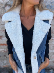 Jednoczęściowa dżinsowa kamizelka z klapami i kieszeniami na motocykl ze sztucznego futra na jesień i zimę