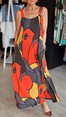 Sukienka damska z kwadratowym dekoltem i nadrukiem na szelkach