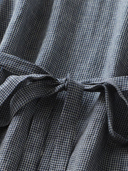 Sukienka damska literacka retro z dekoltem w serek w kratę i wiązaniem na połowie rękawa z bawełny i lnu