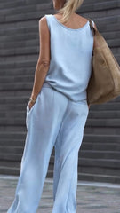Damski swobodny garnitur z dekoltem w serek i bez rękawów z denimu Tencel