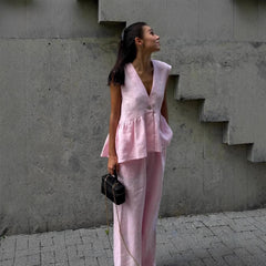 Dwuczęściowy komplet damski z bawełny w jednolitym kolorze, dekoltem w serek, bez rękawów, bluzką i spodniami